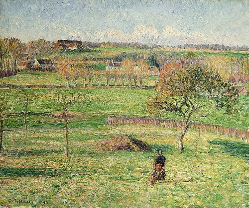 Camille Pissarro, Felder im Herbst bei Bazincourt. 1894 (Christie's Images Ltd,Pissarro,Camille,1830-1903,Öl auf Leinwand,19. Jahrhundert,Impressionismus,Camille Pissarro,Landwirtschaft,Herbst,Bazincourt,erhöhter Betrachterstandpunkt,Bauer,Feld,Felder,grün,auf dem Land,Baum,Wiese, französischer impressionismus)