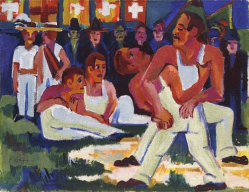 Ernst Ludwig Kirchner, Ringer. 1923 (Kirchner,Ernst Ludwig,1880-1938,Christie's Images Ltd,Öl auf Leinwand,20. Jahrhundert,Expressionismus,Ernst Ludwig Kirchner,Trikot,Trikots,Unterhaltung,Kampf,Kämpfer,Ringer,Ringkampf,ringen,verlieren,Gegener,Männer,Zuschauer,Sport,Kraft,weiß)
