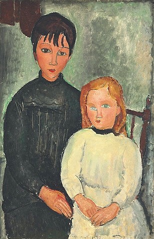 Amadeo Modigliani, Die beiden Mädchen. 1918 (Christie's Images Ltd,Modigliani,Amadeo,1884-1920,Öl auf Leinwand,20. Jahrhundert,Fotograf:  ? Christie's Images Ltd - ARTOTHEK,Amadeo Modigliani,Mädchen,Kinder,zwei,schwarz,weiß,Kontrast,blond,brünette)