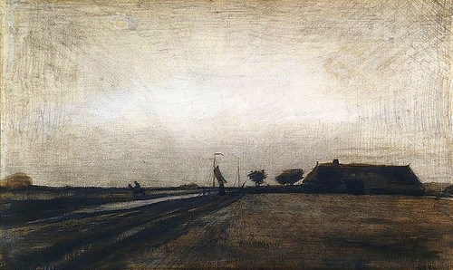 Vincent van Gogh, Sonnenaufgang. 1883 (in Drenthe) (Landschaft, Horizont, Bauernhaus, Gehöft, Dämmerung, Tagesanbruch, Niederlande, Zeichnung, Klassische Moderne, Impressionismus, Wohnzimmer, Treppenhaus, Wunschgröße, grau/braun)