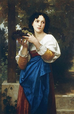 William Adolphe Bouguereau, In der Weinlaube. 1898 (?) (Christie's Images Ltd,Bouguereau,William Adolphe,1825-1905,Öl auf Leinwand,19. Jahrhundert,William Adolphe Bouguereau,Spalier,Frau,Mädchen,junge Frau,Schürze,Weintrauben,Trauben,halten,Winzerin,bäuerlich)