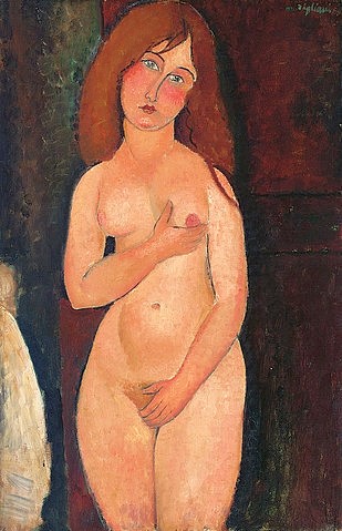 Amadeo Modigliani, Venus (Stehender Akt, Venus Medici). 1917 (Christie's Images Ltd,Modigliani,Amadeo,1884-1920,Öl auf Leinwand,20. Jahrhundert,Fotograf:  ? Christie's Images Ltd - ARTOTHEK,Amadeo Modigliani,Frau,Akt,weiblicher Akt,Venus,Brust,Scham,Interpretation,geneigter Kopf)