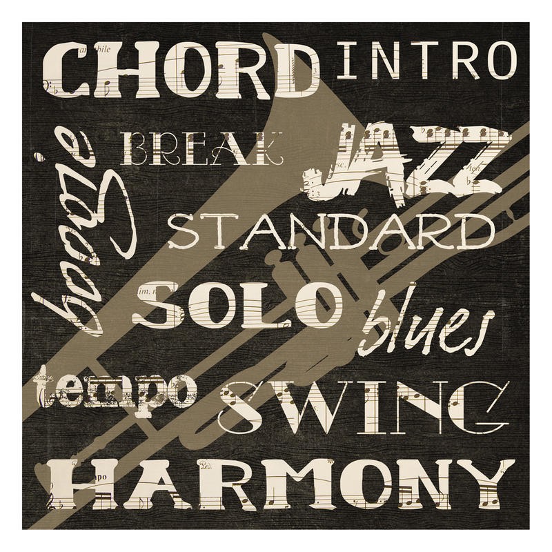 Taylor Greene, JAZZ SILHOUETTE I (Plakat, Musik, Jazz, Posaune, Silhouette, Typografie, Worte, Musikschule, Treppenhaus, Wunschgröße, Grafik, sepia/schwarz)