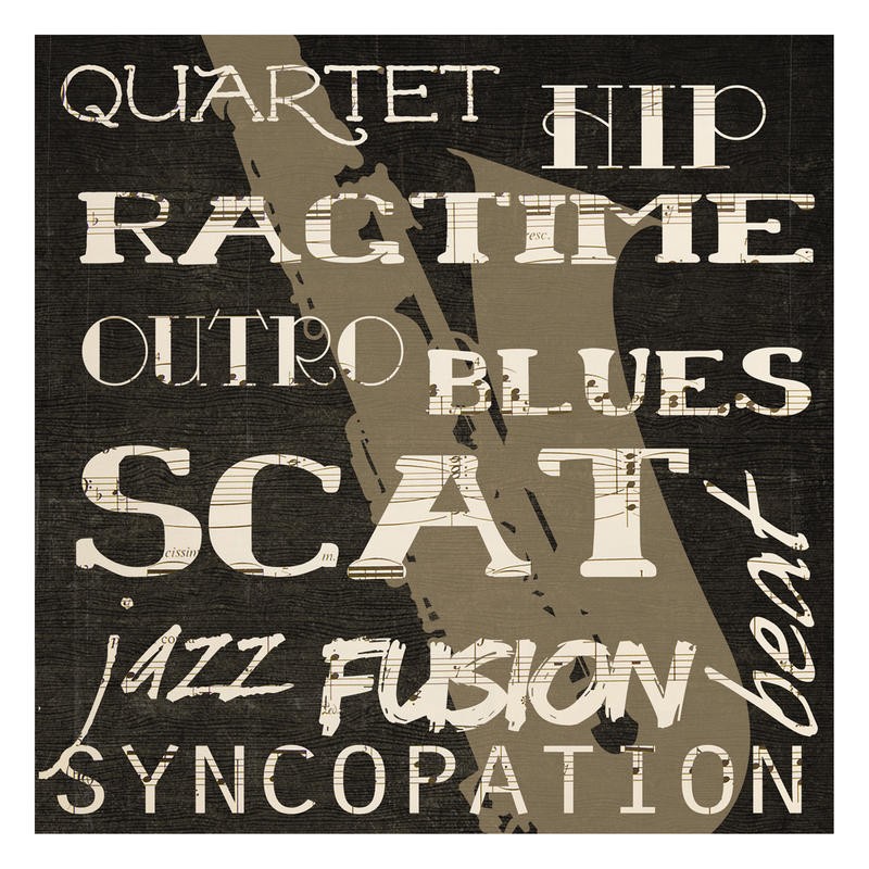 Taylor Greene, JAZZ SILHOUETTE III (Plakat, Musik, Jazz, Saxophon, Silhouette, Typografie, Worte, Musikschule, Treppenhaus, Wunschgröße, Grafik, sepia/schwarz)