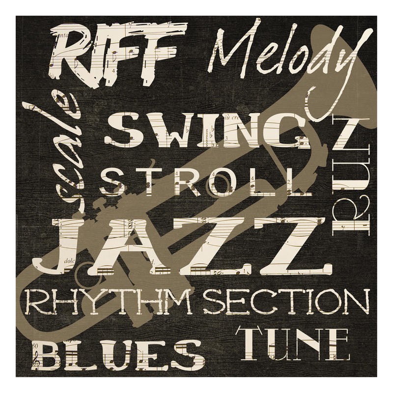 Taylor Greene, JAZZ SILHOUETTE IV (Plakat, Musik, Jazz, Trompete, Silhouette, Typografie, Worte, Musikschule, Treppenhaus, Wunschgröße, Grafik, sepia/schwarz)