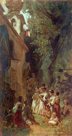 Carl Spitzweg, Prozession in Dachau. Um 1860 (Malerei, Klassiker, Kirche, Menschen, Religiös, Bayern, Betende, Wunschgröße, Spätromantik, Wohnzimmer, Treppenhaus, bunt)