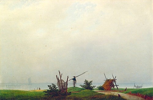 Caspar David Friedrich, Meeresstrand mit Fischer. 1807 (Meer, Strand, Fischer, Horizont, Angler, Netze, Reusen, maritim, Klassiker, Wohnzimmer, Treppenhaus,  Wunschgröße, Malerei, Romantik, bunt)