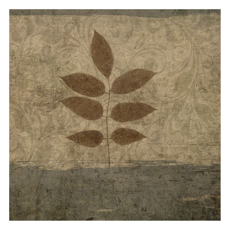 Kristin Emery, FOLIAGE IN BROWN II (Muster, floral, Blatt, filigran, Ornamente, Brokatmuster, Wunschgröße, Grafik, Treppenhaus, Wohnzimmer, braun/beige)