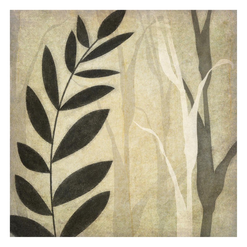 Kristin Emery, LEAVES IN THE MIST II (Muster, floral, Blätter, Zweige, Dunst, schemenhaft, Grafik,  modern, stilisiert, zeitgenössisch, Wohnzimmer, Treppenhaus, Wunschgröße, grau)