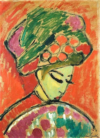 Alexej von Jawlensky, Mädchen mit Turban. 1910 (Jawlensky,Alexej von,1864-1941,Christie's Images Ltd,Öl/Karton,20. Jahrhundert,? Christie's Images Ltd - ARTOTHEK,Alexej von Jawlensky,Blauer Reiter,Expressionismus,Frau,orange,skizzenhaft,geschlossene Augen,Hut,rot,grün)