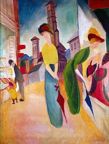 August Macke, Zwei Frauen vor dem Hutladen . 1913 (Malerei, Expressionismus, Hut, Laden, Einkaufen, Schirm, Frau, Frauen, Eleganz, Schaufenster, Sonnenschirm, Straßenszene, Treppenhaus, Wohnzimmer, Klassische Moderne, Wunschgröße, bunt)