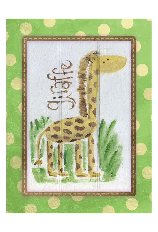 Erin Butson, HAPPY GIRAFFE II (Giraffe, Tierportrait, naiv, lustig, Punkte, Rahmen, Kinderzimmer, Wunschgröße, grün/bunt)