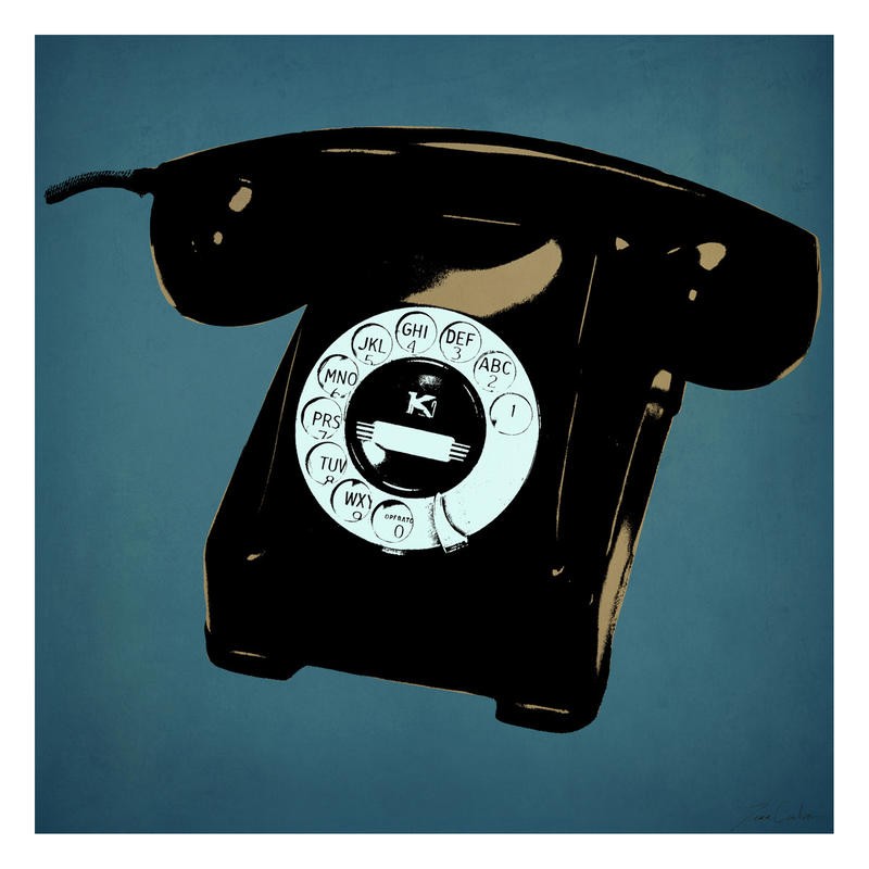 Tina Carlson, TELEPHONE BLUE II (Telefon, historisch, Vintage, Retro, Nostalgie, Pop Art, Grafik, Wunschgröße, Wohnzimmer, Treppenhaus, blau)