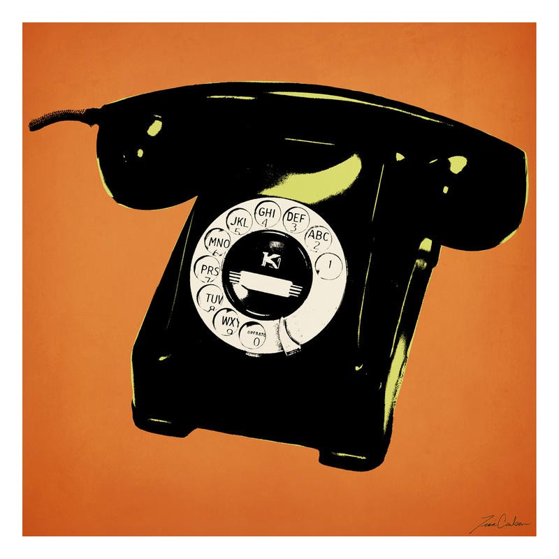 Tina Carlson, TELEPHONE ORANGE II (Telefon, historisch, Vintage, Retro, Nostalgie, Pop Art, Grafik, Wunschgröße, Wohnzimmer, Treppenhaus, orange)