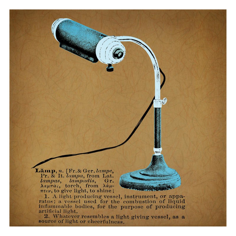 Tina Carlson, VINTAGE LAMP BLUE (Lampe historisch, Vintage, Retro, Nostalgie, Typografie, Pop Art, Grafik, Wunschgröße, Wohnzimmer, Treppenhaus, blau)