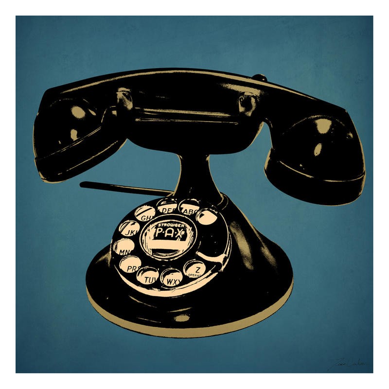 Tina Carlson, TELEPHONE BLUE I (Telefon, historisch, Vintage, Retro, Nostalgie, Pop Art, Grafik, Wunschgröße, Wohnzimmer, Treppenhaus, blau)