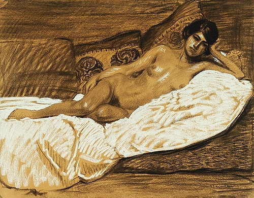 Théophile-Alexandre Steinlen, Liegender Akt. (Art Nouveau, Jugendstil, Aktmalerei, schlanke Schönheit, Bett, Liegende, Bettlaken, Schlafzimmer, Wohnzimmer, Malerei, Wunschgröße, baun/beige)