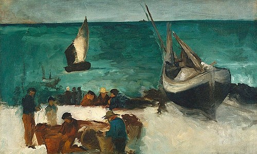 Édouard Manet, Fischer bei ihren Booten. 1873 (Strand, Boote, Fischerboote, Meer, maritim,  Männer, Fischernetze, Reparaturen, Impressionismus, Wohnzimmer, Klassiker, Wunschgröße, bunt,)
