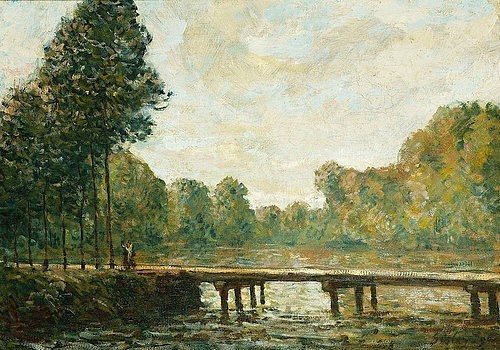 Alfred Sisley, Kleine Brücke über den Fluss Orvanne. 1890 (Sisley,Alfred,Christie's Images Ltd,1839-1899,Öl auf Leinwand,19. Jahrhundert,Impressionismus,Landschaft,Alfred Sisley,Brücke,Fußgängerbrücke,impressionistisch,Orvanne,Fluss,Landschaft,grün,Bäume,Wald,Holzbrücke)