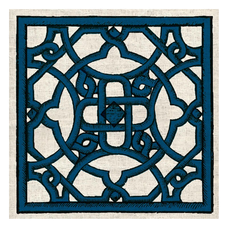 Tina Carlson, WOODCUT NAVY V (Kachel, Muster, Ornamente, orientalisch, Holzschnitt, Grafik, Wunschgröße, Wohnzimmer, Treppenhaus, Küche, blau)