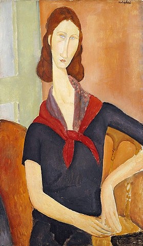 Amadeo Modigliani, Jeanne Hebuterne (mit Halstuch). 1919 (Christie's Images Ltd,Modigliani,Amadeo,1884-1920,Öl auf Leinwand,20. Jahrhundert,Portrait,Amedeo Modigliani,Frau,schmal,gelängt,Jeanne Hebuterne,modern,Porträt,Halstuch,ernst,sitzen,rot,Knoten,geknotet)