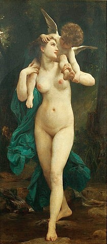 William Adolphe Bouguereau, Venus und Amor. (Christie's Images Ltd,Bouguereau,William Adolphe,1825-1905,Öl auf Leinwand,19. Jahrhundert,Adolphe William Bouguereau,klassisch,Cupido,Amor,Eros,Frau,Akt,weiblicher Akt,nackt,Göttin,Venus,Liebe,Schulter,Mythologie,Flügel)