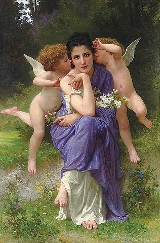 William Adolphe Bouguereau, Frühlingsmelodie. 1889 (Christie's Images Ltd,Bouguereau,William Adolphe,1825-1905,Öl auf Leinwand,19. Jahrhundert,? Christie's Images Ltd - ARTOTHEK,William Adolphe Bouguereau,klassisch,Putto,Putten,Putti,Frau,Flügel,geflügelt,Kitsch,kitschig,Lied,Lieder,Frühling,Engel,fliegen,)