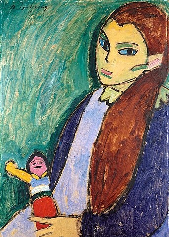 Alexej von Jawlensky, Mädchen mit Puppe. 1910 (Öl/Karton,Christie's Images Ltd,Expressionismus,Jawlensky,Alexej von,1864-1941,20. Jahrhundert,Alexej von Jawlensky,braunhaarig,Kind,Mädchen,Heranwachsende,Puppe,Spielsache,Blauer Reiter,der blaue Reiter,lange Haare,langhaarig,Spielzeug)