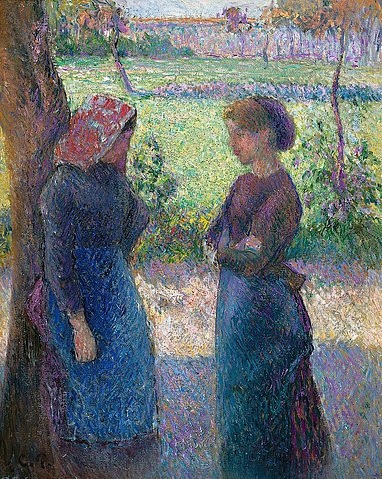 Camille Pissarro, Die Unterhaltung. Um 1892 (Pissarro,Camille,1830-1903,Christie's Images Ltd,Öl auf Leinwand,19. Jahrhundert,Impressionismus,? Christie's Images Ltd - ARTOTHEK,Camille Pissarro,Unterhaltung,sich unterhalten,Nachbarinnen,tratschen,plaudern,lästern,Schatten,zwei,Frau,Frauen,Kopftuch,)