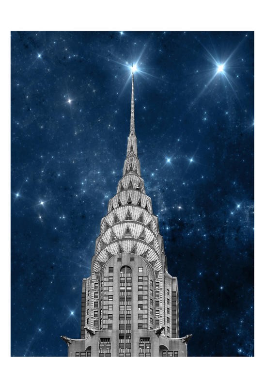 Tracey Telik, CHRYSLERSTARS (New York, Hochhaus, Wolkenkratzer, Chrysler Building, Architektur, Dachspitze, Sternenhimmel, Nachtszene, Wunschgröße, Wohnzimmer, Fotokunst, schwarz/weiß/blau)