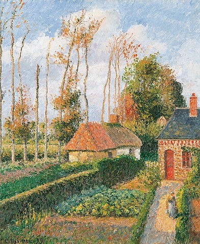 Camille Pissarro, Der Gemüsegarten des Gutshauses von Ango bei Sonnenuntergang. (Pissarro,Camille,1830-1903,Christie's Images Ltd,Öl auf Leinwand,19. Jahrhundert,Impressionismus,? Christie's Images Ltd - ARTOTHEK,Camille Pissarro,Garten,Gartenhaus,Beet,Gemüsegarten,Gemüsebeet,Gartenweg,Hecke, französischer impressionismus)