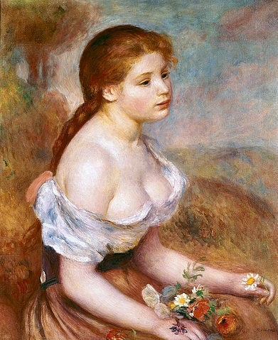 Pierre-Auguste Renoir, Junges Mädchen mit Gänseblümchen. 1889 (Portrait, Mädchen, Frau, Décolleté, Zopf, sinnlich, Brüste, Erotik, Wiesenblumen,  Impressionismus, klassische Moderne, Wunschgröße, Wohnzimmer, Malerei)