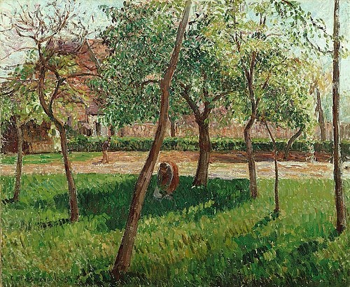 Camille Pissarro, Garten in Eragny. 1895 (Pissarro,Camille,1830-1903,Christie's Images Ltd,Öl auf Leinwand,19. Jahrhundert,Impressionismus,Camille Pissarro,Grundstück,Eragny,Frankreich,Frau,bücken,Schatten,unter einem Baum,Baum,Bäume,Garten,draußen,Gras,Wiese,Obstbäume, französischer impressionis)