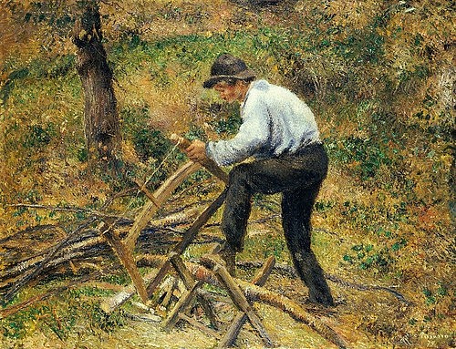 Camille Pissarro, Der Vater beim Holzsägen, Pontoise. 1879 (Öl auf Leinwand,Impressionismus,19. Jahrhundert,Christie's Images Ltd,1830-1903,Pissarro,Camille,Camille Pissarro,Waldarbeiter,alltäglich,Mann,arbeiten,Arbeiter,Wald,sägen,Säge,Anstrengung,körperliche Arbeit,Holz,Holzvorrat,Holzscheite,Brennholz, französi)