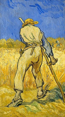 Vincent van Gogh, Der Schnitter. September 1889 (Schnitter, Ernte, Landarbeiter, Landwirtschaft, Heu, Feld, Feldarbeit, Bauer, Sense, mähen, Sommer, Klassische Moderne, Impressionismus, Wohnzimmer, Treppenhaus, Wunschgröße, gelb/blau)