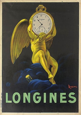 Leonetto Cappiello, Longines. 1922 (gedruckt bei Vercasson, Paris) (Werbung, Uhr, Taschenuhr, goldene Uhr, Atlant, Flügel, Sanduhr, Zeit, Bar, Treppenhaus, Wohnzimmer, Plakatkunst, Farblithographie, Grafik, Nostalgie, Wunschgröße, bunt)