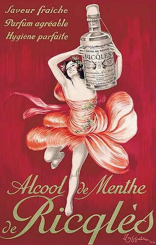 Leonetto Cappiello, Alcool de menthe de Ricqles. 1924 (gedruckt bei Les Nouvelles Affiche Cappiello) (Werbung, Minzlikör, Pfefferminz, Tänzerin, Flasche, Alkohol, Bistro, Küche, Bar, Treppenhaus, Wohnzimmer, Plakatkunst, Farblithographie, Grafik, Nostalgie, Wunschgröße,  bunt)