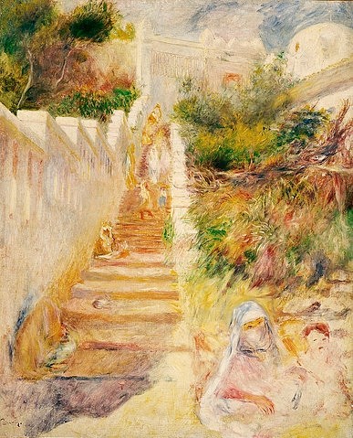 Pierre-Auguste Renoir, Treppe in Algiers (L'Escalier, Algiers). Um 1882 (Treppe, Stufen, Archtektur, arabisch, Orient, Algier,  Frau, Kind, Muslima, Islam,   Gesichtsschleier, Impressionismus, klassische Moderne, Wunschgröße, Wohnzimmer, Malerei)