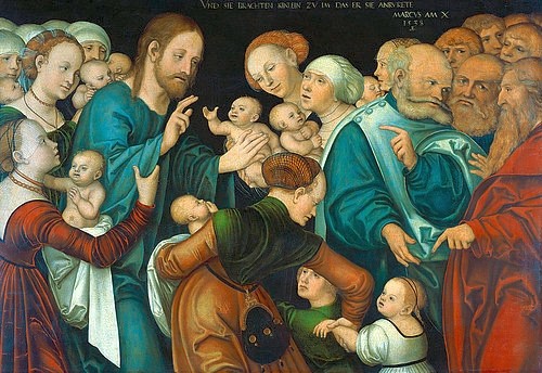 LUCAS CRANACH Der Ältere, Die Segnung der Kinder. Weimar, 1538 (Segnung,  Kinder, Christus, Jesus, Mütter, Religiös, Neues Testament, Christlich, Klassiker, Renaissance, Wunschgröße, Wohnzimmer)