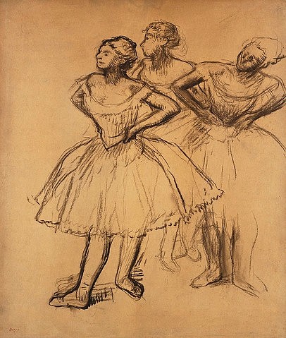 Edgar Degas, Drei Tänzerinnen (Trois Danseuses). (Kohle,auf Papier,1834-1917,Degas,Edgar,19. Jahrhundert,Christie's Images Ltd,Degas,Edgar,Balett,Ballerina,Tänzerin,Tutu,Pose, französischer impressionismus,französisch,impressionistisch)