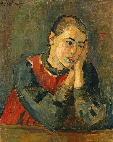 Alexej von Jawlensky, Kind mit gestutztem Kopf. 1906 (Jawlensky,Alexej von,1864-1941,Christie's Images Ltd,Öl/Holz,20. Jahrhundert,Jawlensky, Alexej Von,Kind,rot,braun,rasiert,Tunika,aufgestützt)