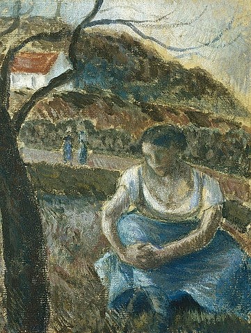 Camille Pissarro, Sitzende Bäuerin (Paysanne Assise). Um 1880 (Pissarro,Camille,1830-1903,Christie's Images Ltd,Gouache/Lwd.,Christie's Images Ltd - ARTOTHEK,Pissarro, Camille,Sitzende Bäuerin,Landschaft,Landwirtschaft,Pause,Impressionismus,impressionistisch,Frau, französischer impressionismus)