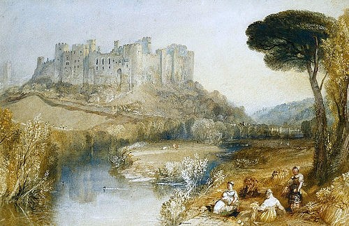 Joseph Mallord William Turner, Ludlow Castle. (Romantik,gehöht mit Gummi Arabicum und Grattage,19. Jahrhundert,Wasserfarbe und Bleistift,Christie's Images Ltd,1775-1851,Turner,Joseph Mallord William,Joseph Mallord William Turner,Schloss,Landschaft,Fluss,Ufer,Ludlow Castle,Festung,Ruine,mittelalterlich)