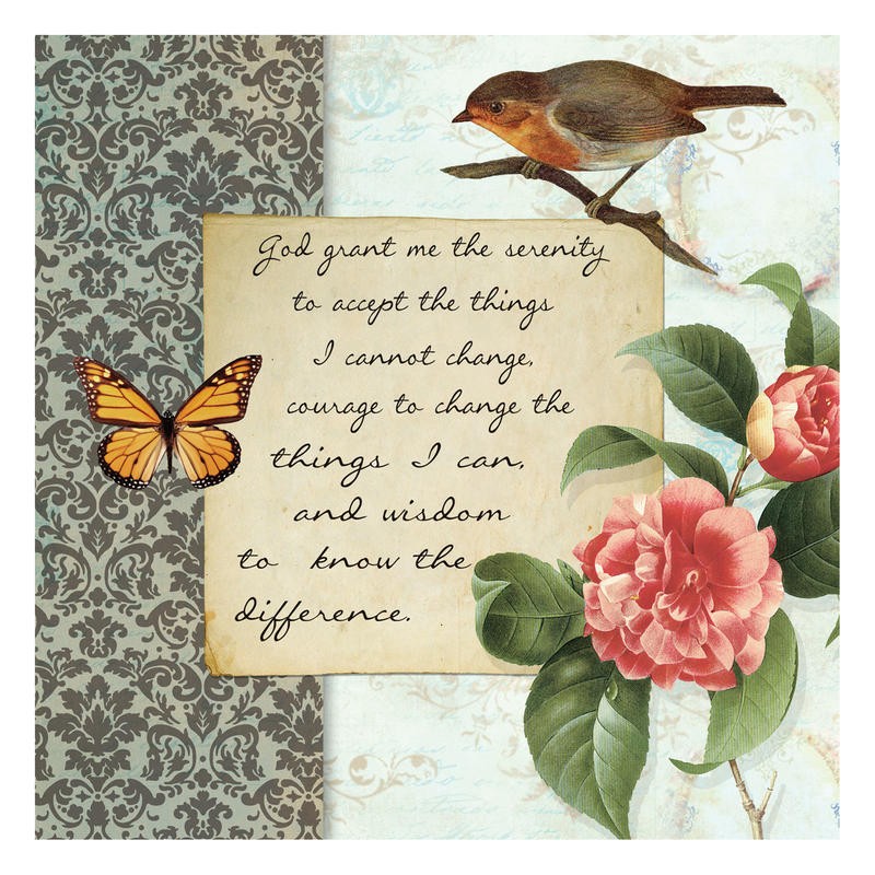 Taylor Greene, VINTAGE SERENITY PRAYER (Postkartenmotiv, Blume, Blüte, Schmetterlinge, Lebensweisheit, romantisch, Vintage, Nostalgie, Grafik, Wunschgröße, Treppenhaus, Wohnzimmer)