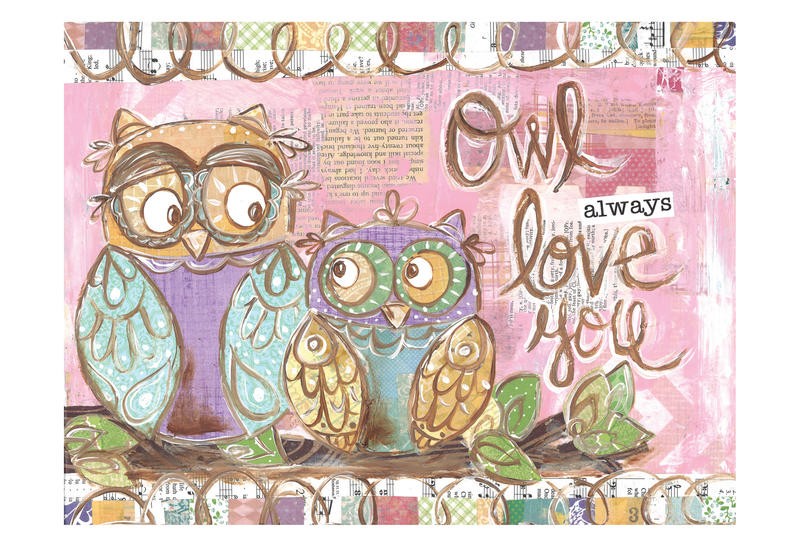 Erin Butson, PASTEL OWL FAMILY I (Eulen, Vogel, Liebe, Vertrauen, Motivation, Inspiration, Grafik, Wohnzimmer, Treppenhaus,   Wunschgröße, bunt)