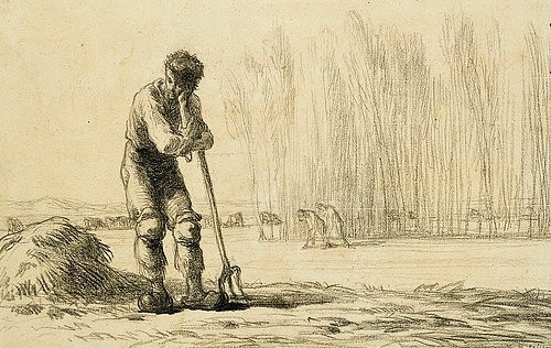 Jean-François Millet, Bauer mit Mistgabel. (Feldarbeit, Arbeiter, Mistgabel, Bauerngenre, Realismus,  Wohnzimmer, Esszimmer, Treppenhaus, Klassiker,  Wunschgröße, Zeichnung, Studie, schwarz/weiß)