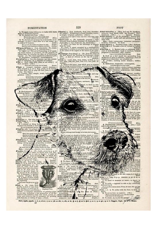 Tina Carlson, THE NEWSPAPER II (Zeitung, Buchseite, Lexikon, Hund, Tierportrait, Grafik, Wunschgröße, Wohnzimmer, Treppenhaus, schwarz/weiß/sepia)