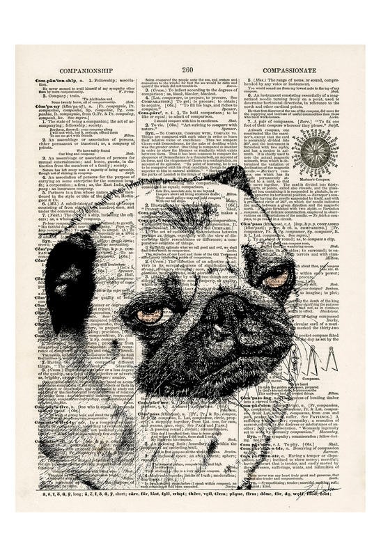 Tina Carlson, THE NEWSPAPER VI (Zeitung, Buchseite, Lexikon, Hund, Mops, Tierportrait, Grafik, Wunschgröße, Wohnzimmer, Treppenhaus, schwarz/weiß/sepia)