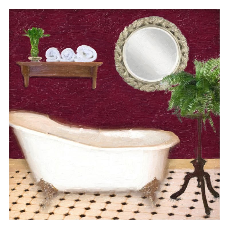 Taylor Greene, BURGUNDY BATH I (Badewanne, Blumenhocker, Farn, Spiegel, Badezimmer, Nostalgie, retro, Wunschgröße, Grafik,)