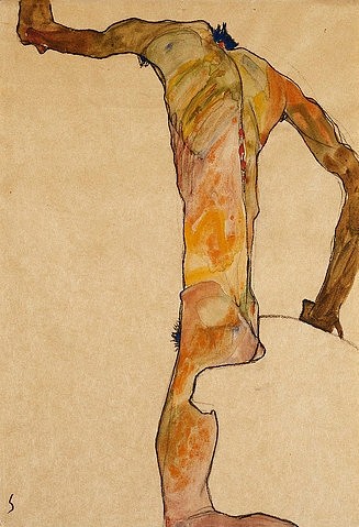 Egon Schiele, Männlicher Akt. 1910 (Wasserfarbe, Gouache und Kohle auf Papier, Expressionismus, männlicher Akt, nackt, unbekleidet, Rückenakt, Erotik, Schlafzimmer, Wunschgröße, bunt)